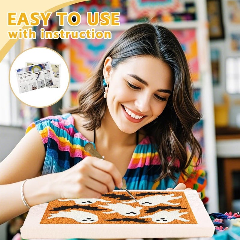 DOODLREAM Halloween Ghosts DIY Punch Needle Embroidery Kit for Adult Beginner, 9.4" Bat Punch Stitching Craft Set for Starter with Frame, Fabric Pattern, Threader, Yarn, Pinch Needle - Image 3